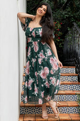Annabeth Midi Dress | Dark Green + Pink